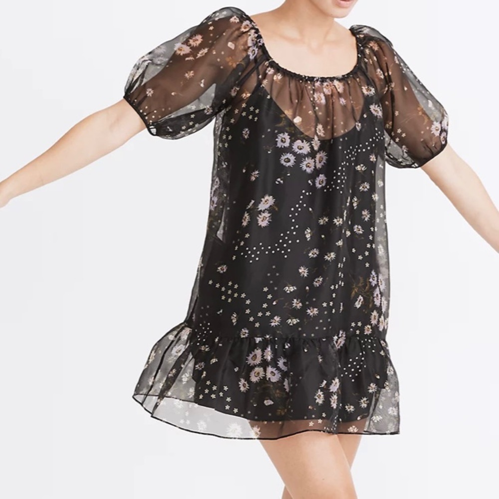 Madewell Silk Puff-Sleeve Ruffle-Hem Dress